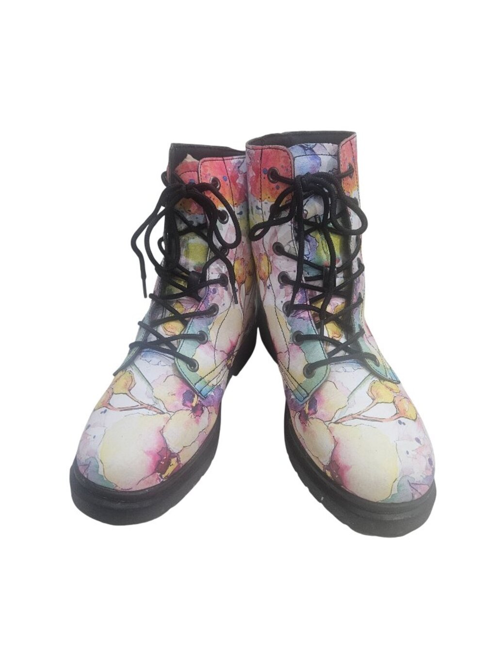 Watercolor Hippie Floral Lace-Up Combat Boots For Women Size 10.5W US Offbeat Sw